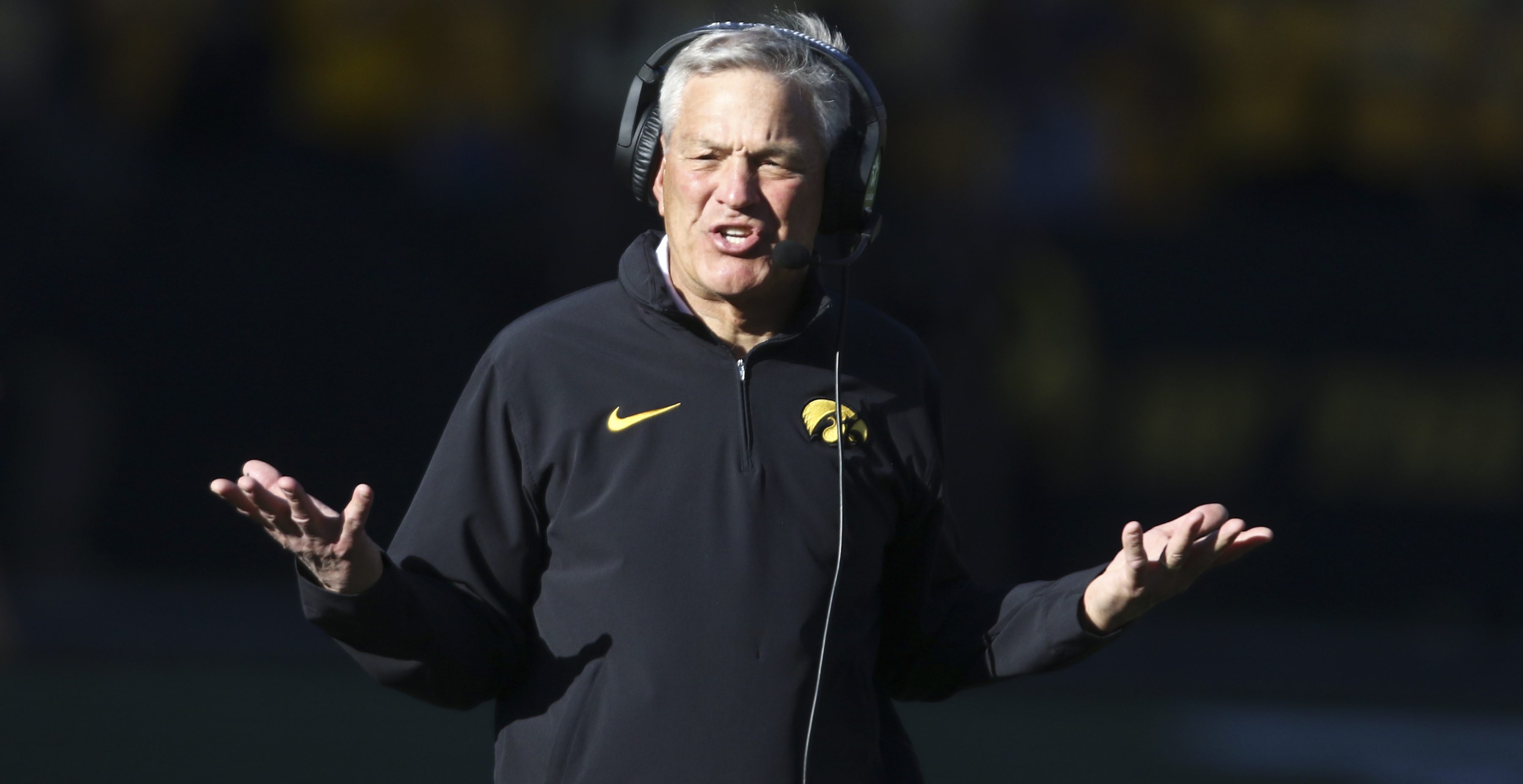 IOWA CITY, IOWA- OCTOBER 21: Head coach Kirk Ferentz of the Iowa Hawkeyes argues a call during the first half against the Minnesota Golden Gophers at Kinnick Stadium on October 21, 2023 in Iowa City, Iowa.