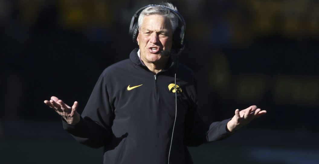 IOWA CITY, IOWA- OCTOBER 21: Head coach Kirk Ferentz of the Iowa Hawkeyes argues a call during the first half against the Minnesota Golden Gophers at Kinnick Stadium on October 21, 2023 in Iowa City, Iowa.
