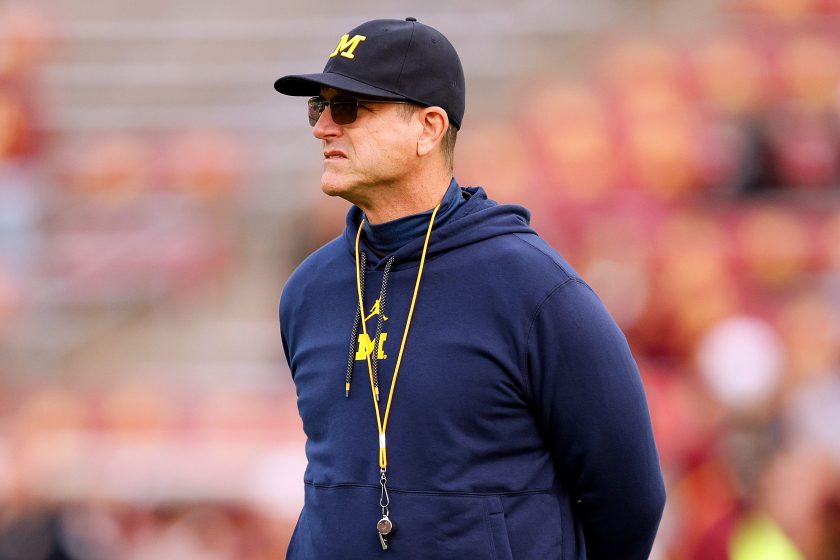 MINNEAPOLIS, MINNESOTA - OCTOBER 07: Head coach Jim Harbaugh of the Michigan Wolverines looks on prior to the start of the game against the Minnesota Golden Gophers at Huntington Bank Stadium on October 07, 2023 in Minneapolis, Minnesota. The Wolverines defeated the Golden Gophers 52-10.