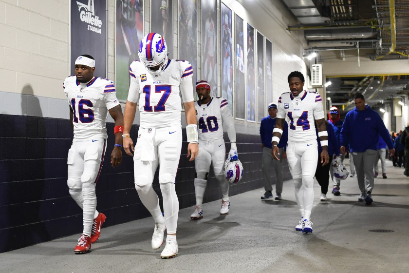 FOXBORO, MA - OCTOBER 22: Josh Allen #17 of the Buffalo Bills walks to the field prior to the start of the game against the New England Patriots at Gillette Stadium on October 22, 2023 in Foxboro, Massachusetts. 