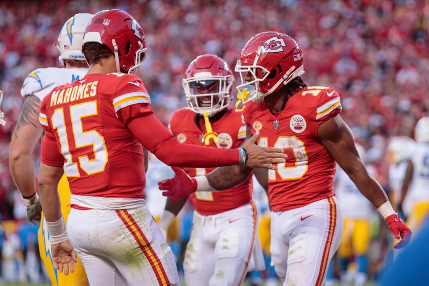 KANSAS CITY, MO - OCTOBER 22: Kansas City Chiefs quarterback Patrick Mahomes (15) congratulates Kansas City Chiefs running back Isiah Pacheco (10) after a touchdown during the second half against the Los Angeles Chargers on October 22, 2023 at GEHA Field at Arrowhead Stadium in Kansas City, Missouri. 