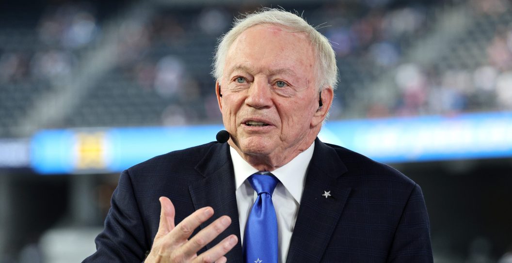 INGLEWOOD, CALIFORNIA - OCTOBER 16: Dallas Cowboys owner and general manager Jerry Jones speaks on the ESPN set before the game between the Dallas Cowboys and the Los Angeles Chargers at SoFi Stadium on October 16, 2023 in Inglewood, California.