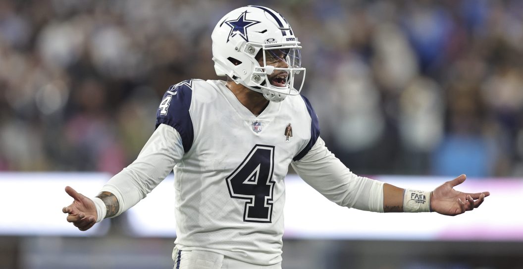 INGLEWOOD, CALIFORNIA - OCTOBER 16: Dak Prescott #4 of the Dallas Cowboys reacts during an NFL football game between the Los Angeles Chargers and the Dallas Cowboys at SoFi Stadium on October 16, 2023 in Inglewood, California.