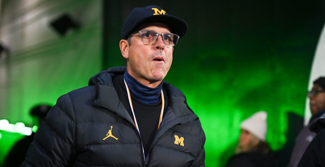 EAST LANSING, MI - OCTOBER 21: Michigan Wolverines head coach Jim Harbaugh walks through the tunnel prior to a college football game between the Michigan State Spartans and Michigan Wolverines on October 21, 2023 at Spartan Stadium in East Lansing, MI.