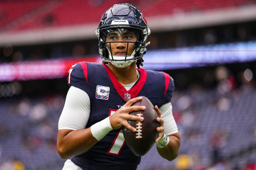 HOUSTON, TX - OCTOBER 15: C.J. Stroud #7 of the Houston Texans warms up prior to an NFL football game against the New Orleans Saints at NRG Stadium on October 15, 2023 in Houston, Texas. 