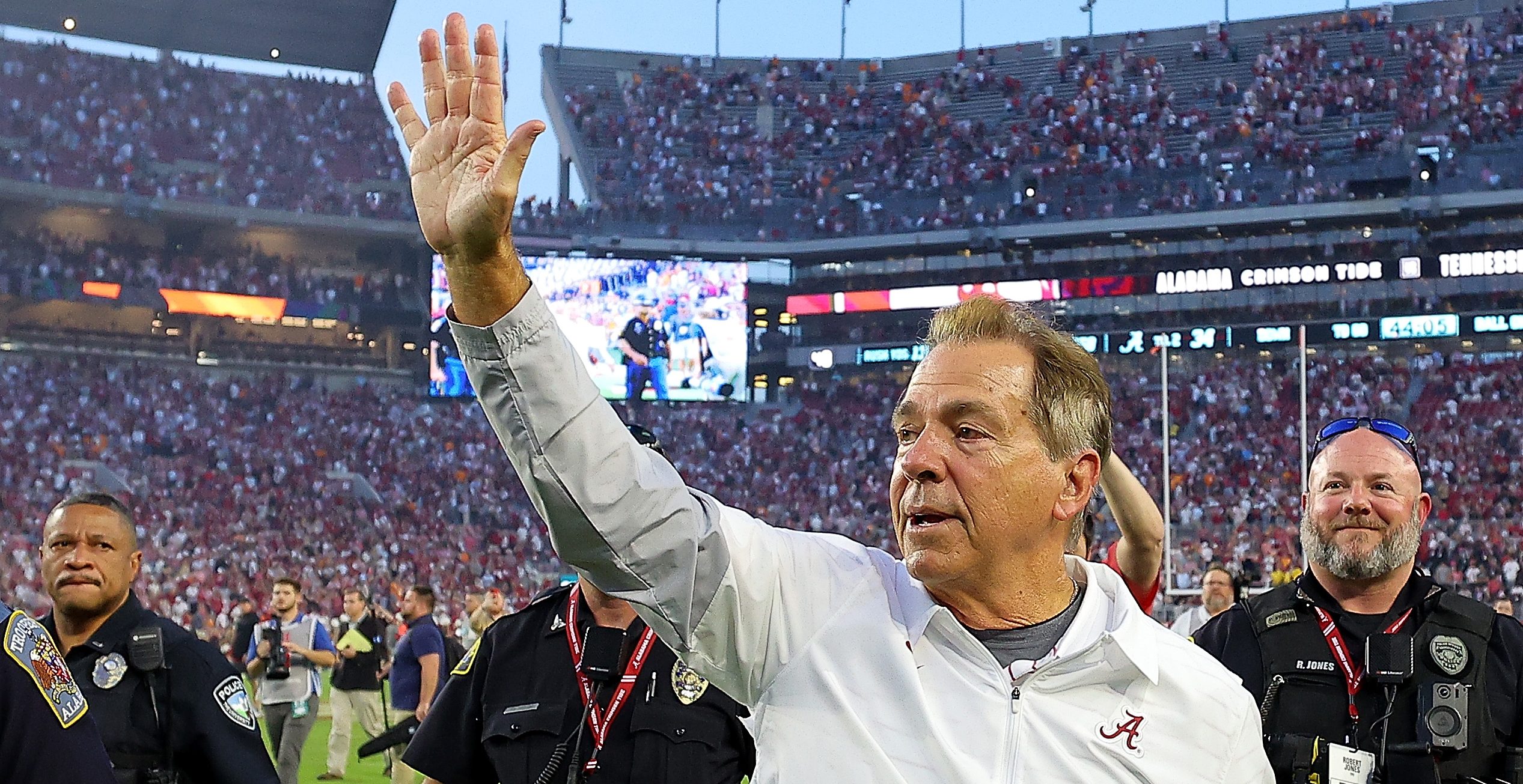 TUSCALOOSA, ALABAMA - OCTOBER 21: Head coach Nick Saban of the Alabama Crimson Tide reacts after their 34-20 win over the Tennessee Volunteers at Bryant-Denny Stadium on October 21, 2023 in Tuscaloosa, Alabama.