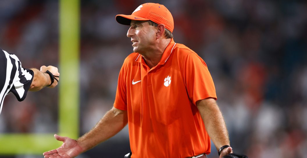MIAMI GARDENS, FLORIDA - OCTOBER 21: Head coach Dabo Swinney of the Clemson Tigers reacts during the first half of the game against the Miami Hurricanes at Hard Rock Stadium on October 21, 2023 in Miami Gardens, Florida.