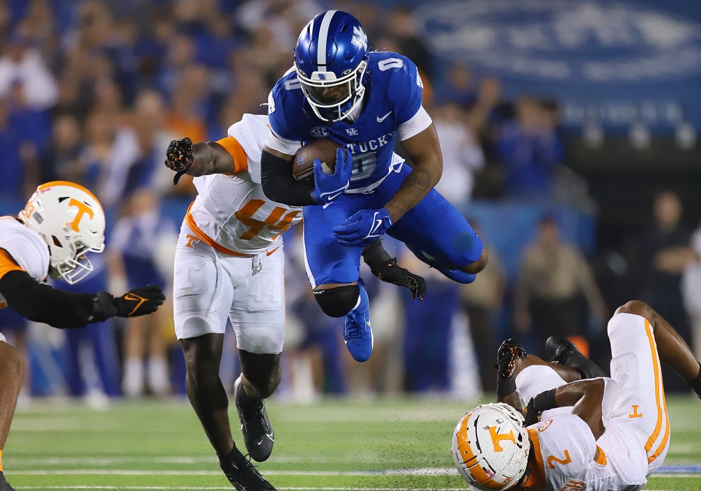 LEXINGTON, KY - OCTOBER 28: Kentucky Wildcats running back Demie Sumo-Karngbaye (0) in a game between the Tennessee Volunteers and the Kentucky Wildcats on October 28, 2023, at Kroger Field in Lexington, KY.