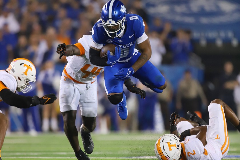 LEXINGTON, KY - OCTOBER 28: Kentucky Wildcats running back Demie Sumo-Karngbaye (0) in a game between the Tennessee Volunteers and the Kentucky Wildcats on October 28, 2023, at Kroger Field in Lexington, KY. 