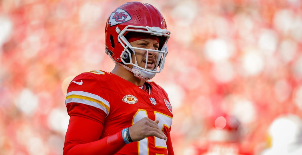 KANSAS CITY, MISSOURI - OCTOBER 22: Patrick Mahomes #15 of the Kansas City Chiefs reacts after an offensive penalty during the first quarter against the Los Angeles Chargers at GEHA Field at Arrowhead Stadium on October 22, 2023 in Kansas City, Missouri.