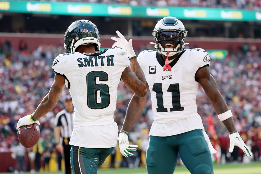 LANDOVER, MARYLAND - OCTOBER 29: DeVonta Smith #6 of the Philadelphia Eagles celebrates a touchdown with A.J. Brown #11 during the fourth quarter against the Washington Commanders at FedExField on October 29, 2023 in Landover, Maryland. 