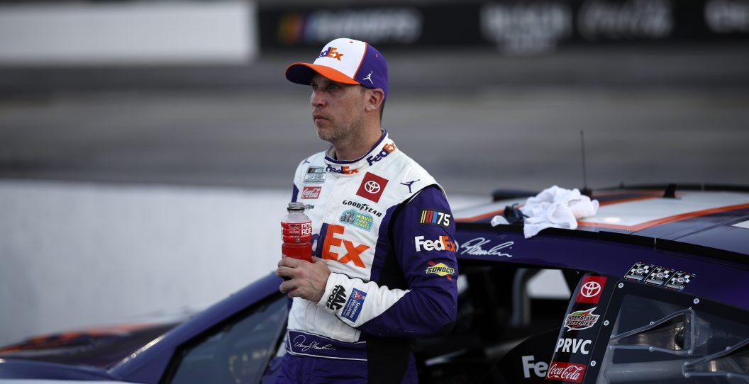 MARTINSVILLE, VIRGINIA - OCTOBER 29: Denny Hamlin, driver of the #11 FedEx Toyota, reacts after the NASCAR Cup Series Xfinity 500 at Martinsville Speedway on October 29, 2023 in Martinsville, Virginia.