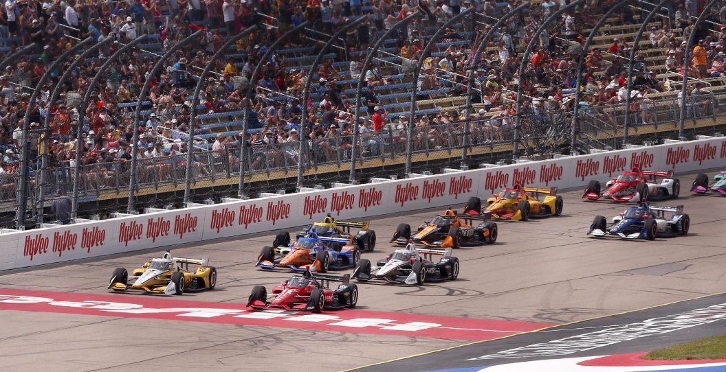 NEWTON, IA - JULY 22: Will Power (#12 Team Penske) leads the field to the starting line during the NTT INDYCAR Series Hy-Vee One Step 250 on July 22, 2023 at the Iowa Speedway in Newton, IA.