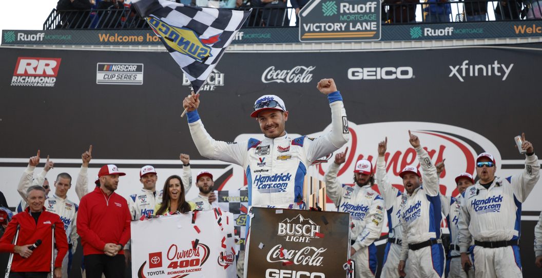 RICHMOND, VIRGINIA - APRIL 02: Kyle Larson, driver of the #5 HendrickCars.com Chevrolet, celebrates in victory lane after winning the NASCAR Cup Series Toyota Owners 400 at Richmond Raceway on April 02, 2023 in Richmond, Virginia.