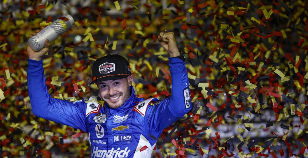 DARLINGTON, SOUTH CAROLINA - SEPTEMBER 03: Kyle Larson, driver of the #5 HendrickCars.com Chevrolet, celebrates in victory lane after winning the NASCAR Cup Series Cook Out Southern 500 at Darlington Raceway on September 03, 2023 in Darlington, South Carolina.