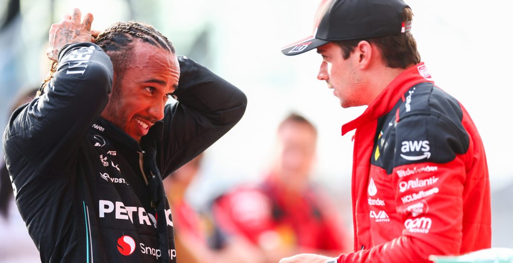AUSTIN, TEXAS - OCTOBER 21: Second placed Lewis Hamilton of Great Britain and Mercedes talks with Third placed Charles Leclerc of Monaco and Ferrari in parc ferme after the Sprint ahead of the F1 Grand Prix of United States at Circuit of The Americas on October 21, 2023 in Austin, Texas.