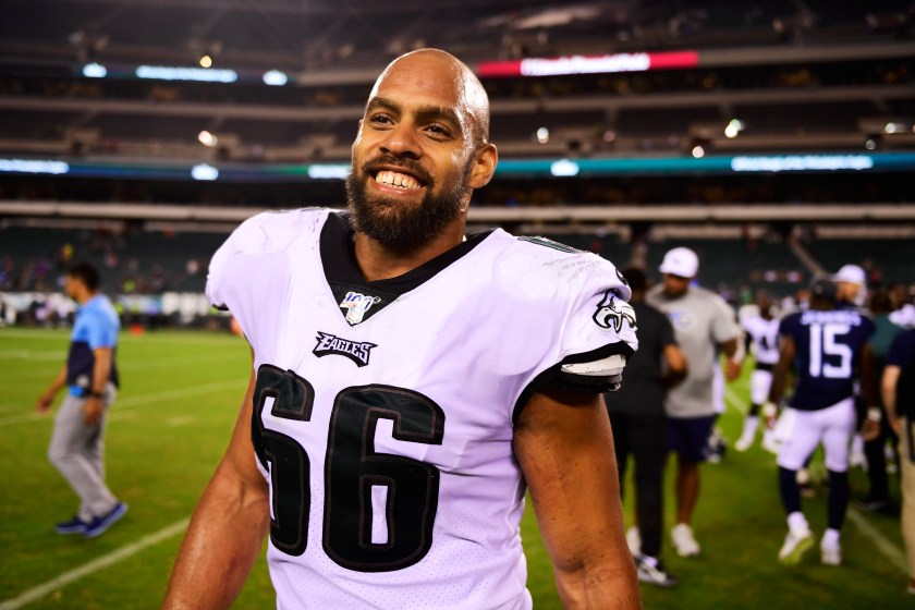 PHILADELPHIA, PA - AUGUST 08: Kasim Edebali #66 of the Philadelphia Eagles walks off the field after a preseason game against the Tennessee Titans at Lincoln Financial Field on August 8, 2019 in Philadelphia, Pennsylvania. The Titans defeated the Eagles 27-10. 