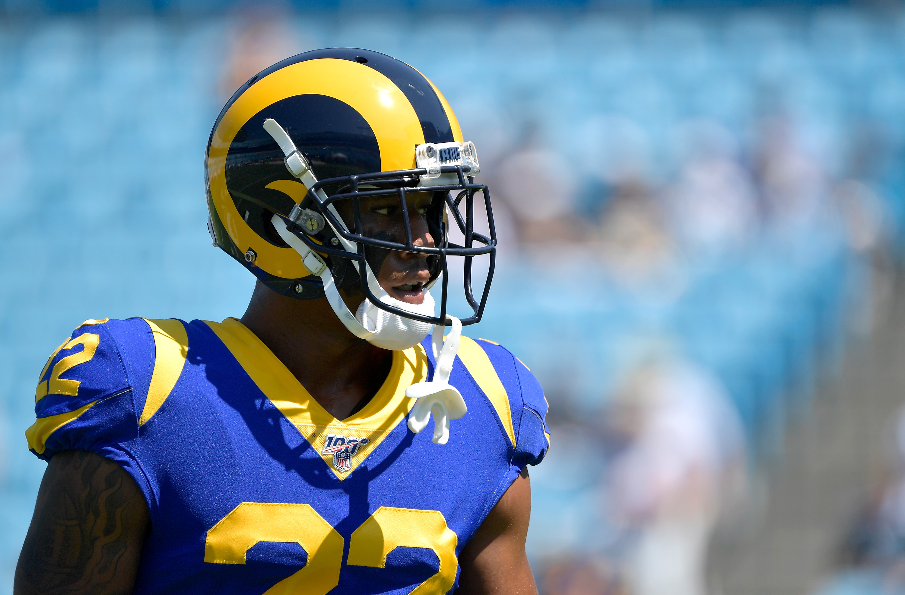 CHARLOTTE, NORTH CAROLINA - SEPTEMBER 08: Marcus Peters #22 of the Los Angeles Rams looks on during their game against the Carolina Panthers at Bank of America Stadium on September 08, 2019 in Charlotte, North Carolina. The Rams won 30-23. 