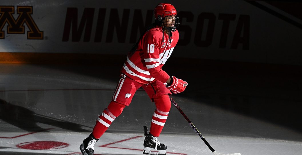 DULUTH, MN - MARCH 17: Laila Edwards #10 of the Wisconsin Badgers is introduced before the start of the game against the Minnesota Golden Gophers during the Division I Womens Ice Hockey Semifinals held at Amsoil Arena on March 17, 2023 in Duluth, Minnesota.