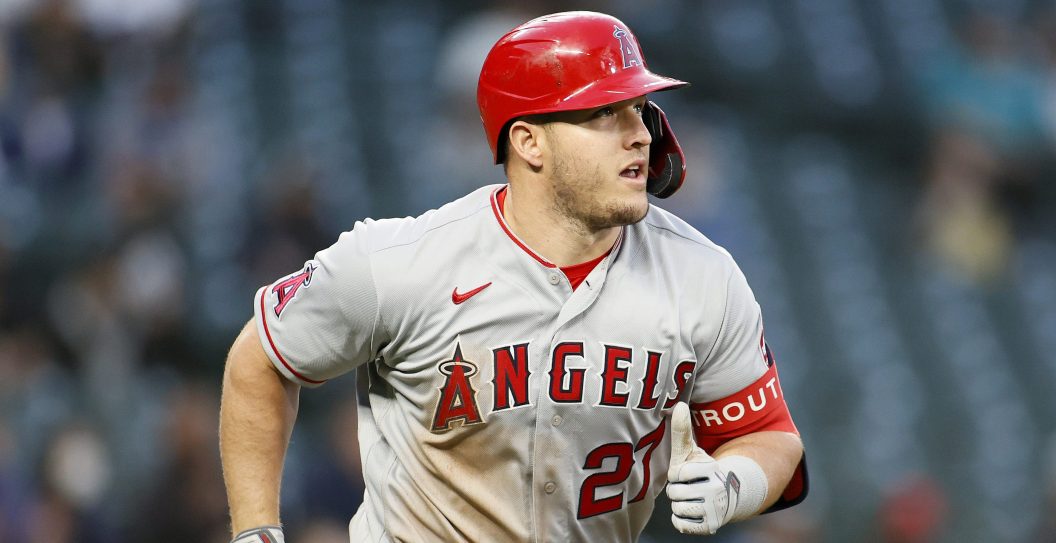 SEATTLE, WASHINGTON - APRIL 30: Mike Trout #27 of the Los Angeles Angels in action against the Seattle Mariners at T-Mobile Park on April 30, 2021 in Seattle, Washington.