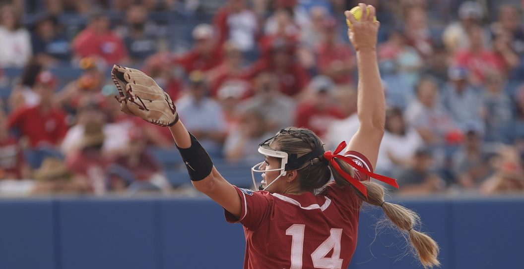 OKLAHOMA CITY, OKLAHOMA - JUNE 07: Montana Fouts #14 of the Alabama Crimson Tide pitches during the second inning of Game 14 of the Women's College World Series against Florida St. on June 07, 2021 at USA Softball Hall of Fame Stadium in Oklahoma City, Oklahoma. Florida St. won 8-5.