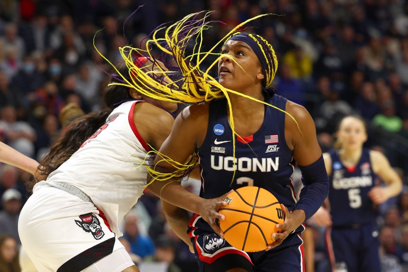 BRIDGEPORT, CONNECTICUT - MARCH 28: Aaliyah Edwards #3 of the UConn Huskies looks to shoot the ball during the second half against the NC State Wolfpack in the NCAA Women's Basketball Tournament Elite 8 Round at Total Mortgage Arena on March 28, 2022 in Bridgeport, Connecticut. 