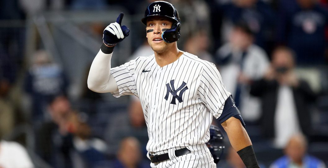 NEW YORK, NEW YORK - APRIL 22: Aaron Judge #99 of the New York Yankees celebrates his solo home run in the fifth inning against the Cleveland Guardians at Yankee Stadium on April 22, 2022 in the Bronx borough of New York City.