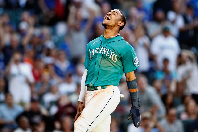 SEATTLE, WASHINGTON - JULY 08: Julio Rodriguez #44 of the Seattle Mariners scores a run during the third inning against the Toronto Blue Jays at T-Mobile Park on July 08, 2022 in Seattle, Washington. 
