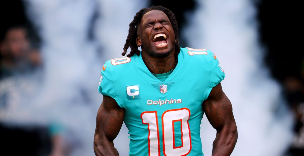 MIAMI GARDENS, FLORIDA - JANUARY 08: Tyreek Hill #10 of the Miami Dolphins is introduced prior to a game against the New York Jets at Hard Rock Stadium on January 08, 2023 in Miami Gardens, Florida.