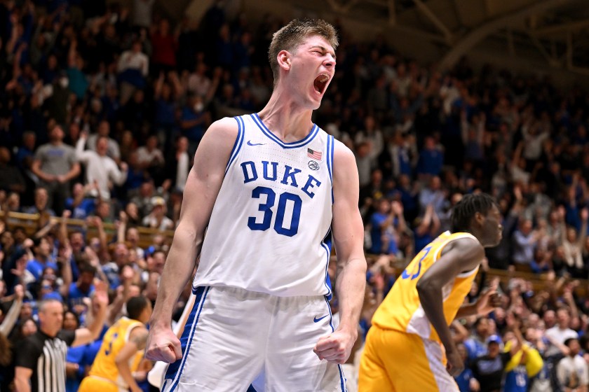 DURHAM, NORTH CAROLINA - JANUARY 11: Kyle Filipowski #30 of the Duke Blue Devils reacts after a dunk against the Pittsburgh Panthers during the second half of their game at Cameron Indoor Stadium on January 11, 2023 in Durham, North Carolina. Duke won 77-69. 