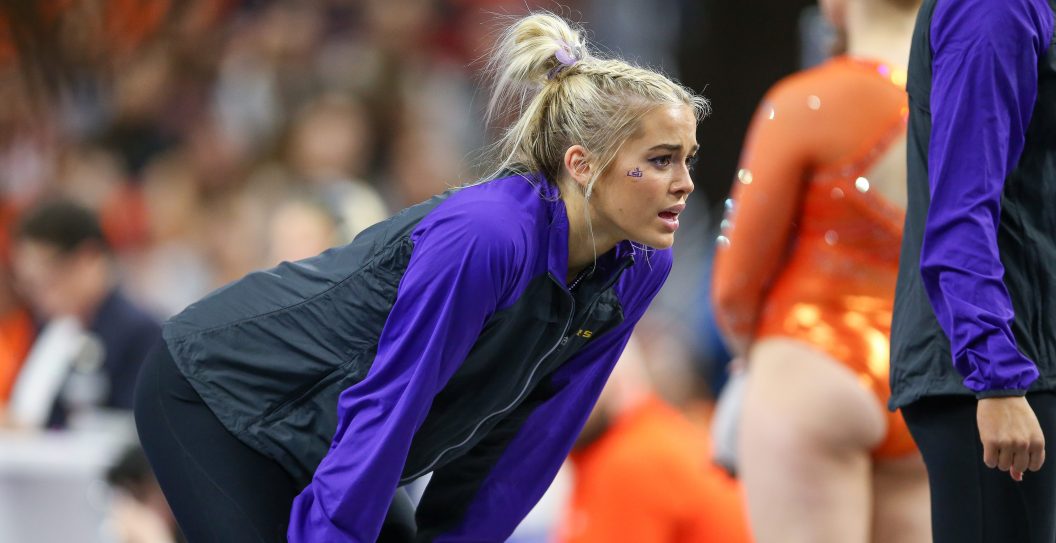 AUBURN, AL - FEBRUARY 10: Olivia Dunne of LSU watches floor during at a gymnastics meet against Auburn at Neville Arena on February 10, 2023 in Auburn, Alabama.