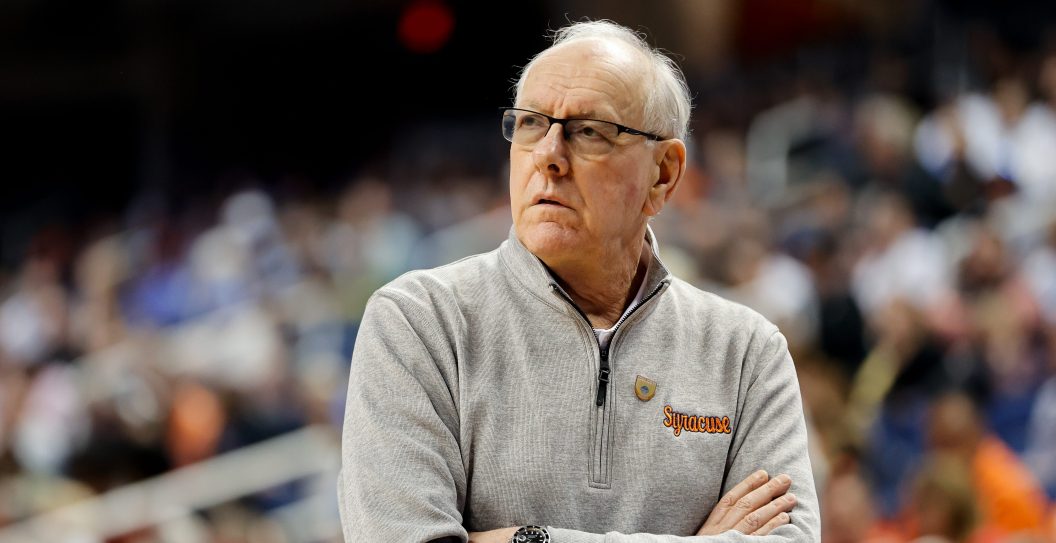 GREENSBORO, NC - MARCH 08: Head coach Jim Boeheim of the Syracuse Orange looks on during the second half against the Wake Forest Demon Deacons at Greensboro Coliseum Complex on March 8, 2023 in Greensboro, North Carolina.