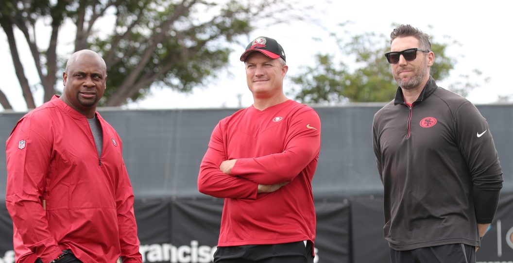 SANTA CLARA, CA - JUNE 7: Troy Vincent, General Manager John Lynch and Assistant General Manager Adam Peters of the San Francisco 49ers during mandatory minicamp at the SAP Performance Facility on June 7, 2023 in Santa Clara, California.