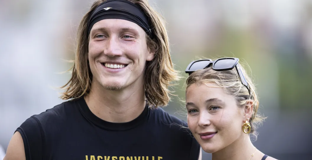 JACKSONVILLE, FLORIDA - AUGUST 02: Trevor Lawrence #16 of the Jacksonville Jaguars poses for a photo with his wife Marissa during Training Camp at Miller Electric Center on August 02, 2023 in Jacksonville, Florida.