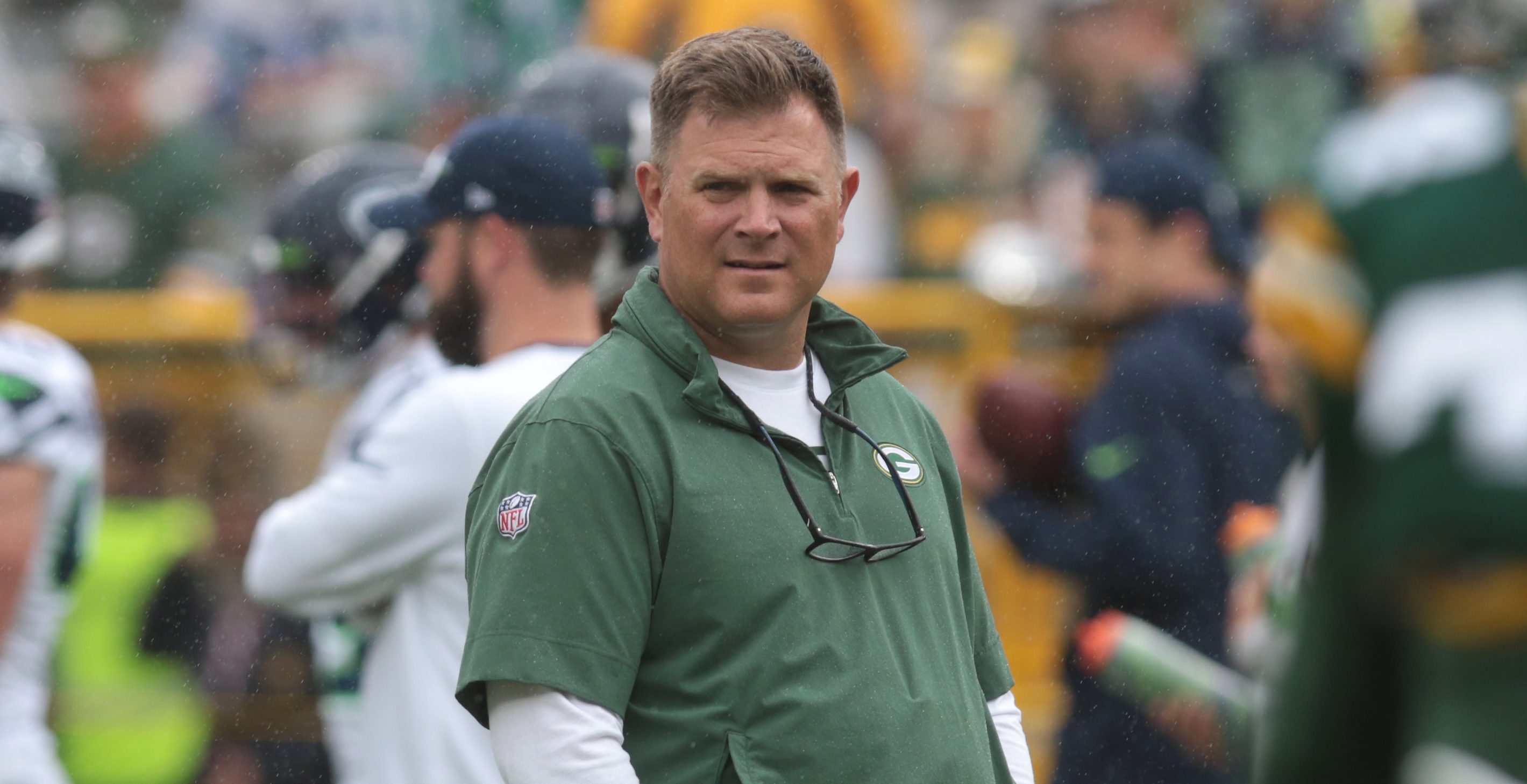 GREEN BAY, WI - AUGUST 26: Green Bay Packers General Manager Brian Gutekunst watches warm ups during a game between the Green Bay Packers and the Seattle Seahawks at Lambeau Field on August 26, 2023 in Green Bay, WI.