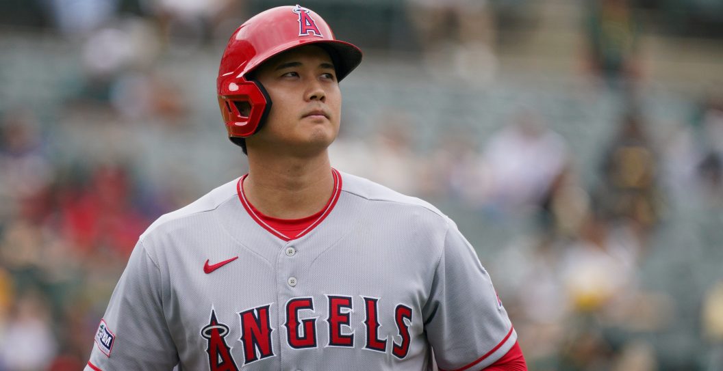 OAKLAND, CA - SEPTEMBER 02: Shohei Ohtani #17 of the Los Angeles Angels looks on during the game between the Los Angeles Angels and the Oakland Athletics at RingCentral Coliseum on Saturday, September 2, 2023 in Oakland, California.