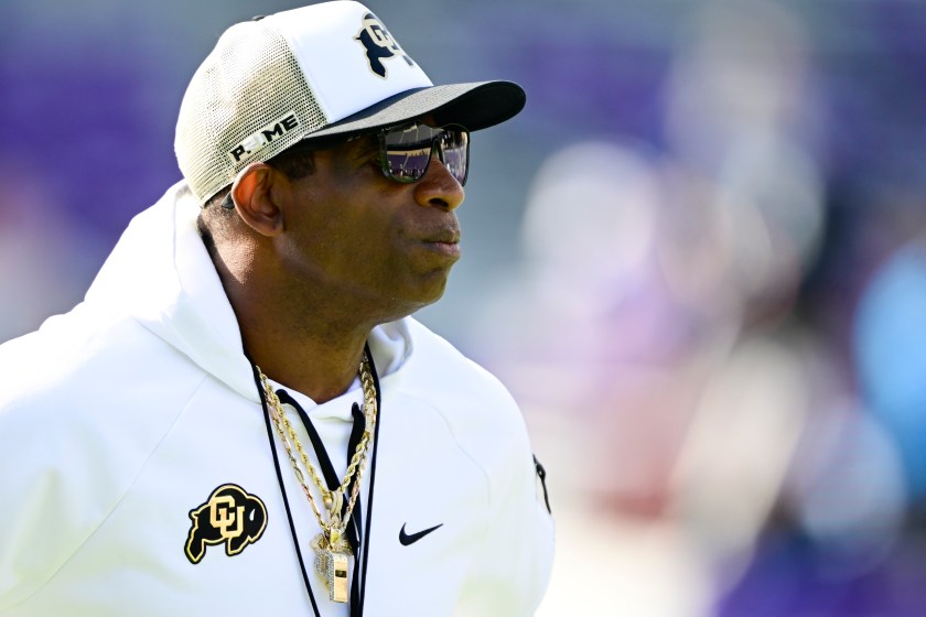 Deion Sanders looks on during a Colorado game.