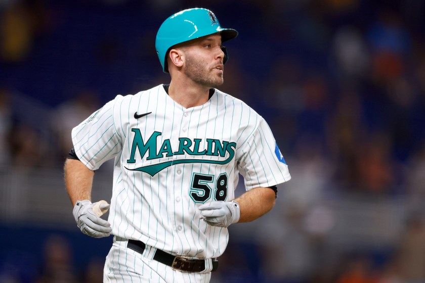 MIAMI, FLORIDA - SEPTEMBER 22: Jacob Stallings #58 of the Miami Marlins in action against the Milwaukee Brewers during the eighth inning at loanDepot park on September 22, 2023 in Miami, Florida. 