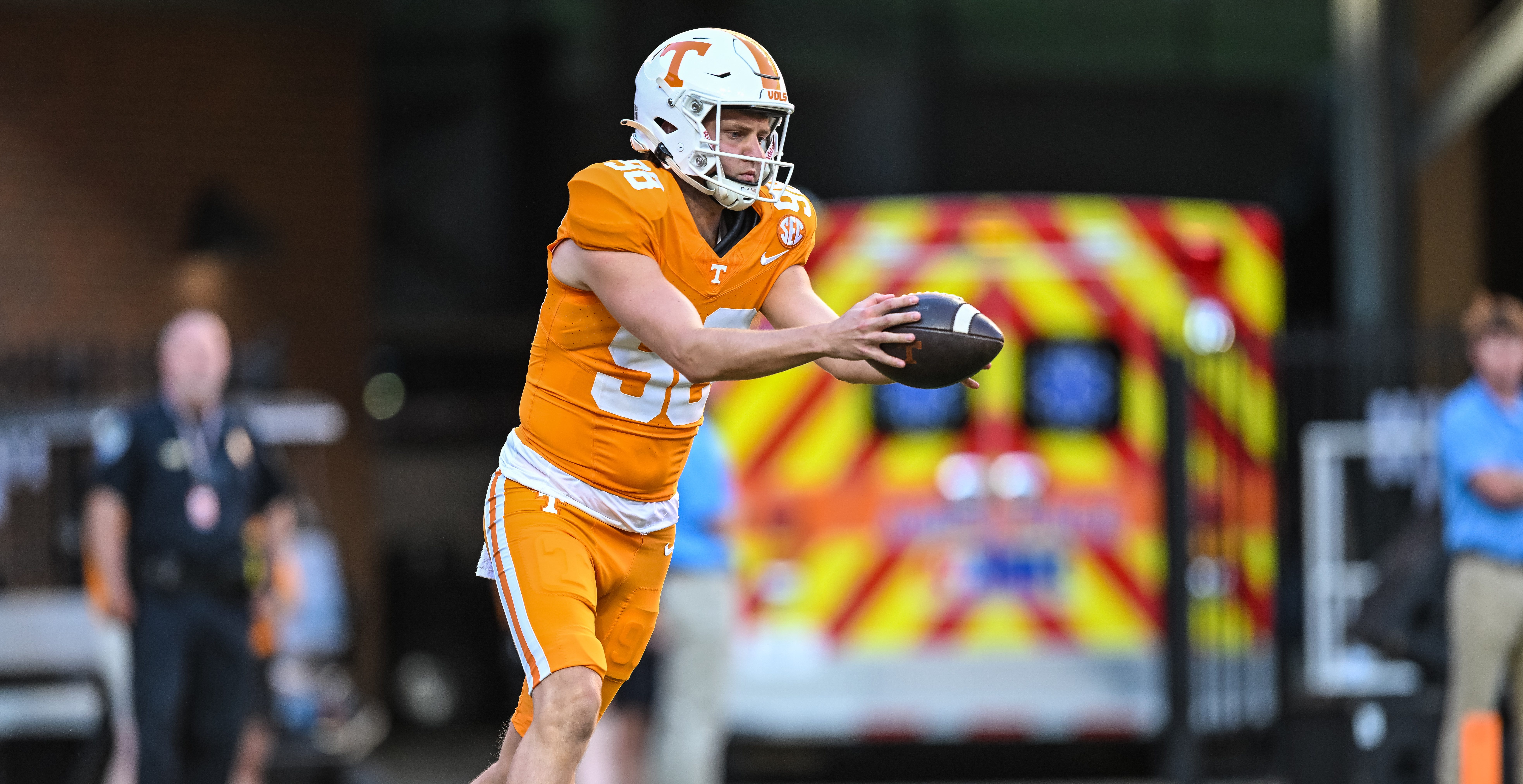 KNOXVILLE, TN - SEPTEMBER 23: Tennessee Volunteers punter Jackson Ross (98) punts the ball during the college football game between the Tennessee Volunteers and the UTSA Roadrunners on September 23, 2023, at Neyland Stadium, in Knoxville, TN.