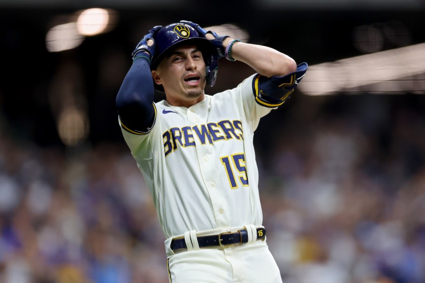 MILWAUKEE, WISCONSIN - OCTOBER 03: Tyrone Taylor #15 of the Milwaukee Brewers reacts after lining out in the fifth inning against the Arizona Diamondbacks during Game One of the Wild Card Series at American Family Field on October 03, 2023 in Milwaukee, Wisconsin. 