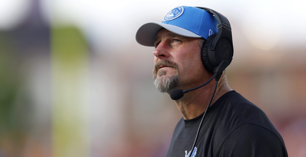 TAMPA, FLORIDA - OCTOBER 15: Head coach Dan Campbell of the Detroit Lions looks on during the first half against the Tampa Bay Buccaneers at Raymond James Stadium on October 15, 2023 in Tampa, Florida.