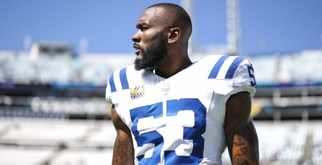 JACKSONVILLE, FL - OCTOBER 15: Shaquille Leonard #53 of the Indianapolis Colts warms up prior to an NFL game against the Jacksonville Jaguars at EverBank Field on October 15, 2023 in Jacksonville, Florida.