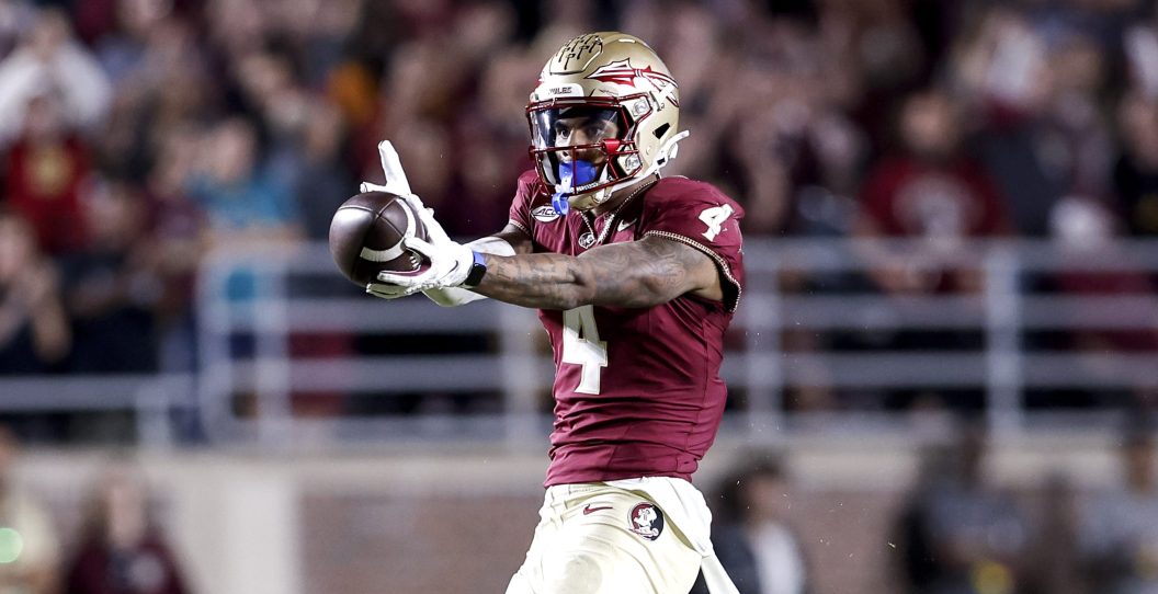 TALLAHASSEE, FL - OCTOBER 21: Wide Receiver Keon Coleman #4 of the Florida State Seminoles celebrates after making a first down during the game against the Duke Blue Devils at Doak Campbell Stadium on Bobby Bowden Field on October 21, 2023 in Tallahassee, Florida.