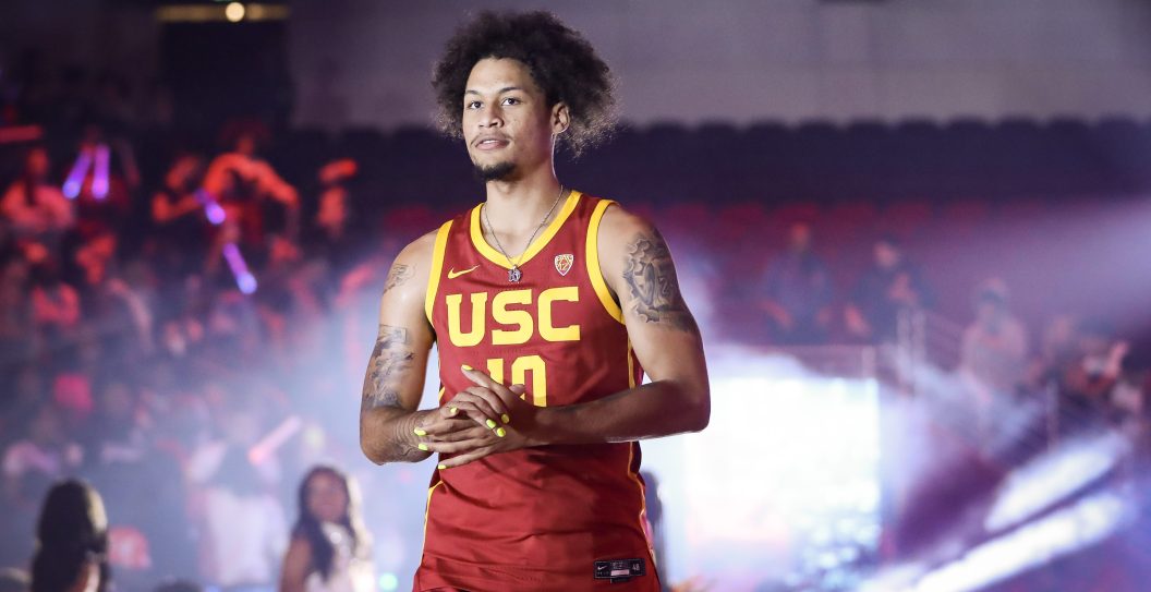 LOS ANGELES, CALIFORNIA - OCTOBER 19: DJ Rodman #10 of the USC Trojans is introduced at the Trojan HoopLA event at Galen Center on October 19, 2023 in Los Angeles, California.
