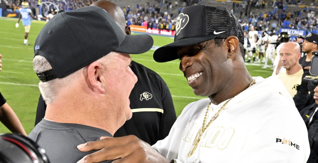 Pasadena, CA - October 28: Head coach Chip Kelly, left, of the UCLA Bruins shakes hands with head coach Deion Sanders of the Colorado Buffaloes as the UCLA Bruins defeated the Colorado Buffaloes 28-16 to win a NCAA Football game at the Rose Bowl in Pasadena on Saturday, October 28, 2023.