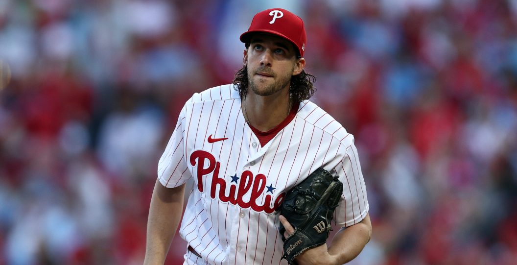 PHILADELPHIA, PENNSYLVANIA - OCTOBER 23: Aaron Nola #27 of the Philadelphia Phillies prepares to pitch in the first inning against the Arizona Diamondbacks during Game Six of the Championship Series at Citizens Bank Park on October 23, 2023 in Philadelphia, Pennsylvania.