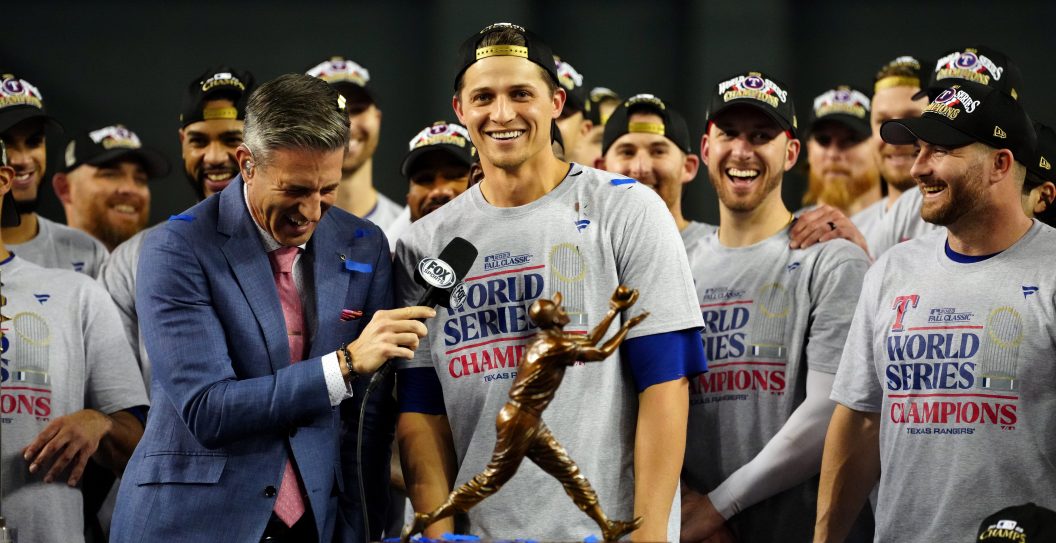 PHOENIX, AZ - NOVEMBER 01: Corey Seager #5 of the Texas Rangers receives the Willie Mays World Series Most Valuable Player award after the Rangers defeated the Arizona Diamondbacks in Game 5 of the 2023 World Series at Chase Field on Wednesday, November 1, 2023 in Phoenix, Arizona.