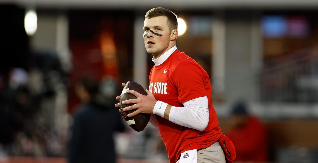 MADISON, WISCONSIN - OCTOBER 28: Kyle McCord #6 of the Ohio State Buckeyes warms up before the game against the Wisconsin Badgers at Camp Randall Stadium on October 28, 2023 in Madison, Wisconsin.