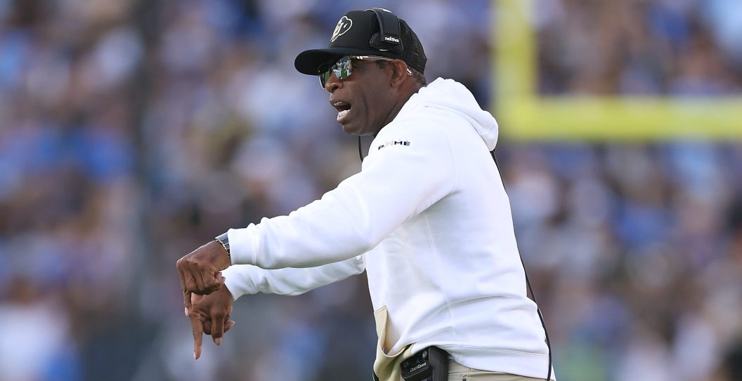 PASADENA, CALIFORNIA - OCTOBER 28: Head coach Deion Sanders of the Colorado Buffaloes looks on from the sidelines during the first half of a game against the UCLA Bruins at Rose Bowl Stadium on October 28, 2023 in Pasadena, California.