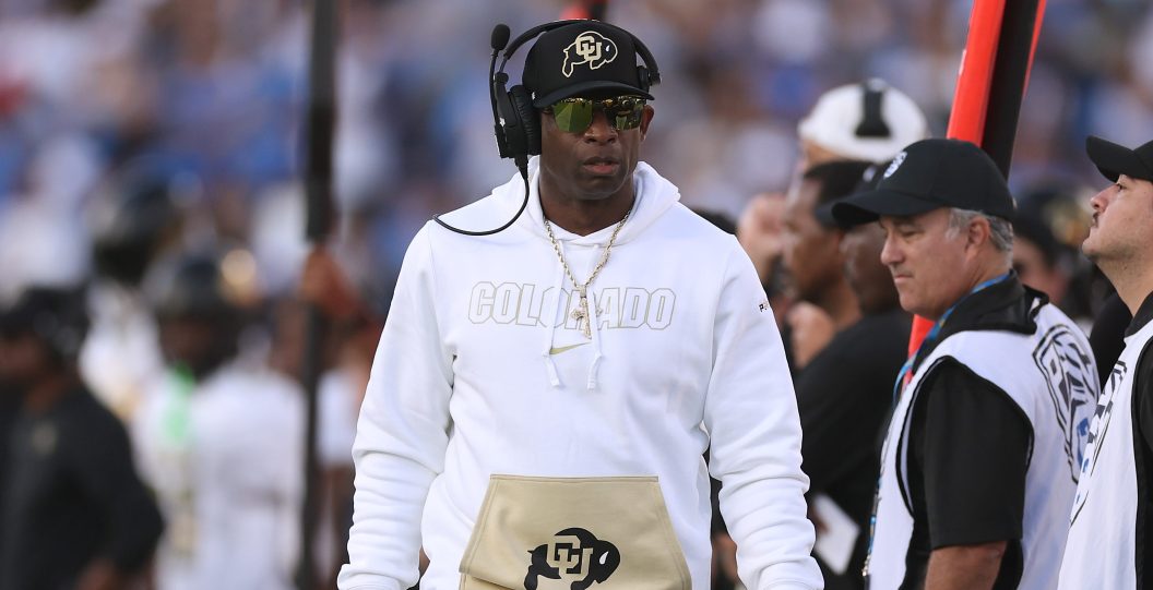 PASADENA, CALIFORNIA - OCTOBER 28: Head coach Deion Sanders of the Colorado Buffaloes looks on from the sidelines during the first half of a game against the UCLA Bruins at Rose Bowl Stadium on October 28, 2023 in Pasadena, California.